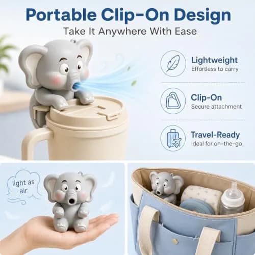 MIZSXF Cute Elephant Cooling Clip-On Mini Fan 8cm (3.15in) | 3-Speed Rechargeable for Cups & Bowls thumbnail 4
