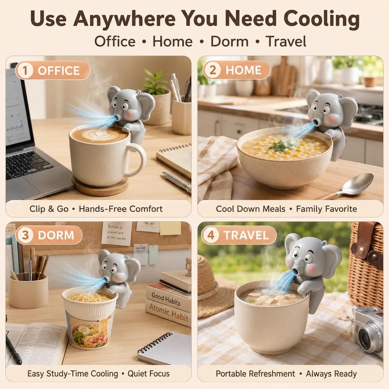 MIZSXF Cute Elephant Cooling Clip-On Mini Fan 8cm (3.15in) | 3-Speed Rechargeable USB-C Coffee Chiller - view 7