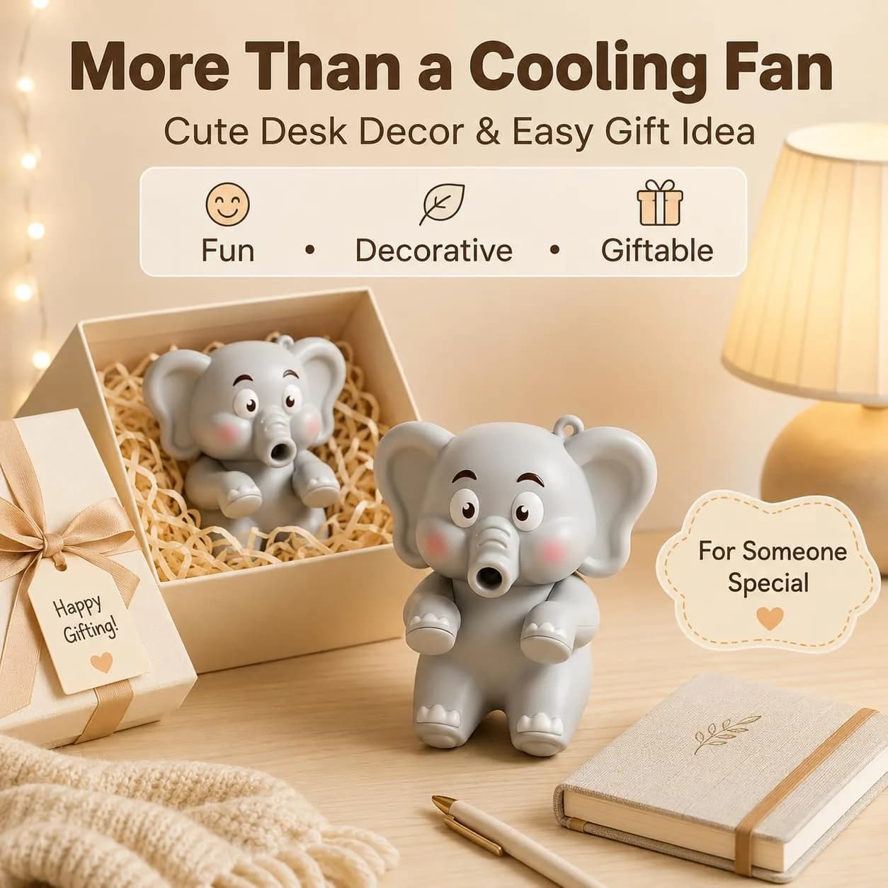 MIZSXF Cute Elephant Cooling Clip-On Mini Fan for Cup & Bowl, 72.6 g (2.56 oz) | 3-Speed Rechargeable Coffee Chiller - view 6
