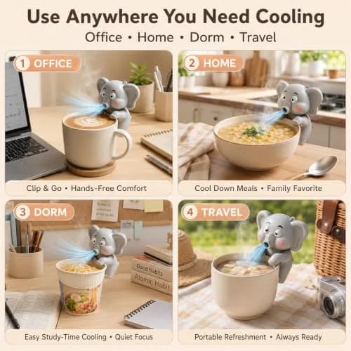 MIZSXF Cute Elephant Cooling Clip-On Mini Fan for Cup & Bowl, 72.6 g (2.56 oz) | 3-Speed Rechargeable Coffee Chiller thumbnail 7