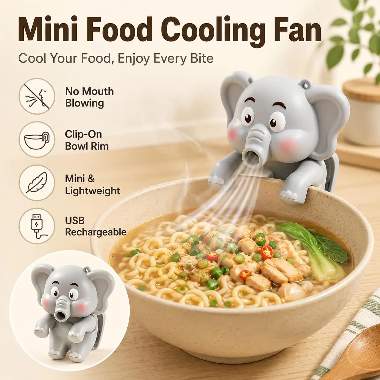 MIZSXF Cute Elephant Cooling Clip-On Mini Fan for Cup & Bowl, 72.6 g (2.56 oz) | 3-Speed Rechargeable Coffee Chiller - view 2