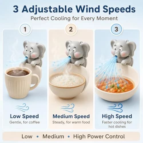 MIZSXF Cute Elephant Cooling Clip-On Mini Fan for Cup & Bowl, 72.6 g (2.56 oz) | 3-Speed Rechargeable Coffee Chiller thumbnail 3