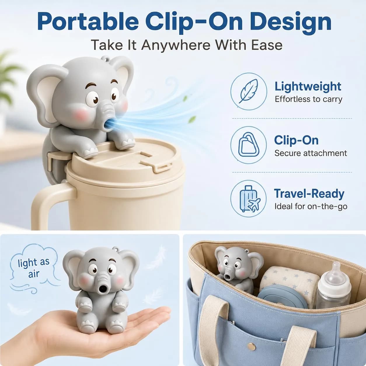 MIZSXF Cute Elephant Cooling Clip-On Mini Fan for Cup & Bowl, 72.6 g (2.56 oz) | 3-Speed Rechargeable Coffee Chiller - view 4