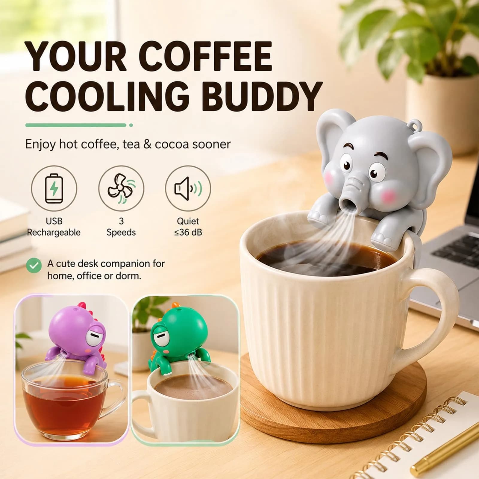 UWYJK Cute Elephant Cooling Fan 8cm (3.15in) | Rechargeable Clip-On for Cups & Bowls - view 4