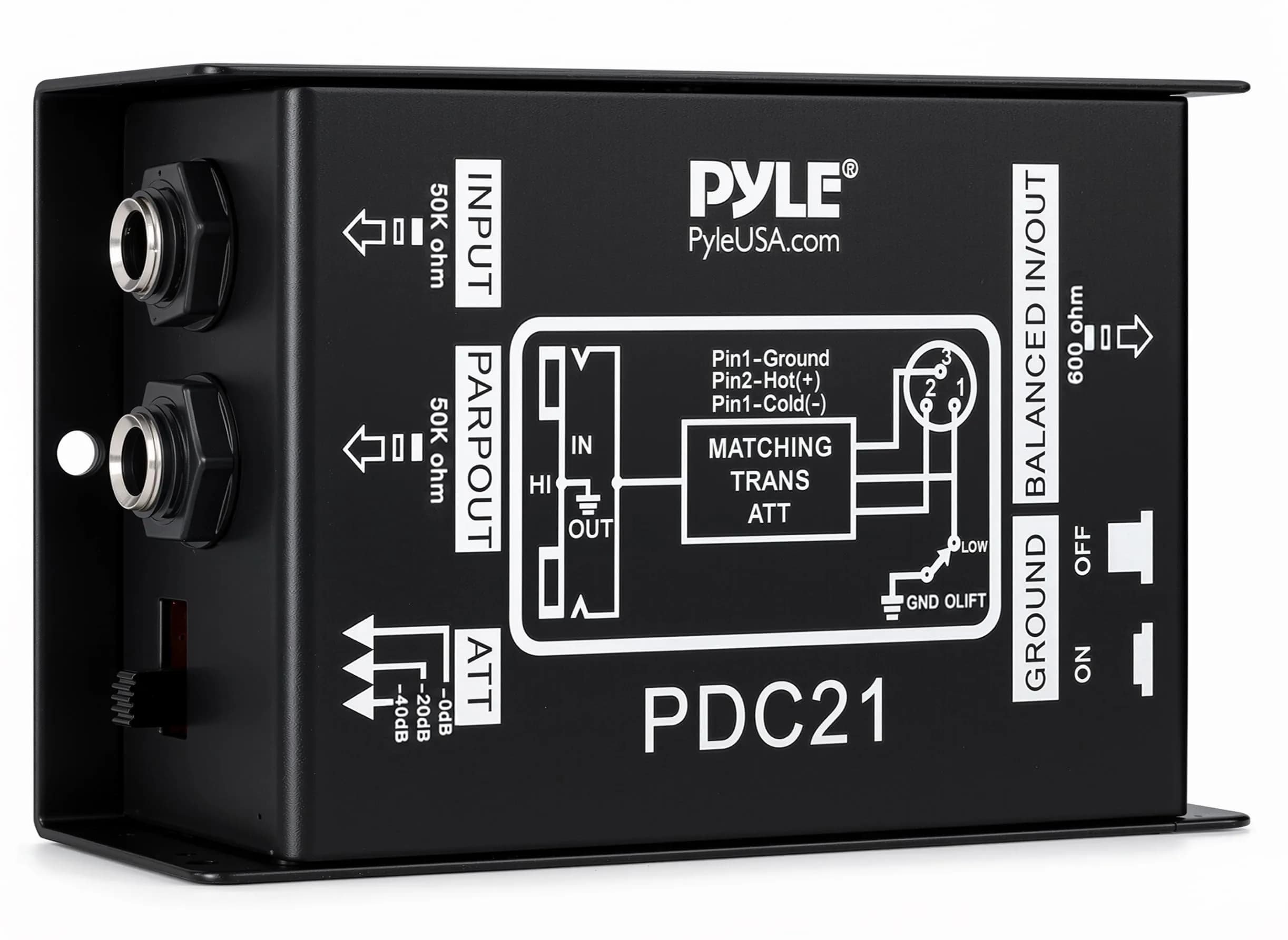 Pyle Premium Direct Injection Audio Box - Passive DI Unit Hum Eliminator with Input Attenuator, 1/4'' Connector to XLR, Black (1-Pack) - main product image