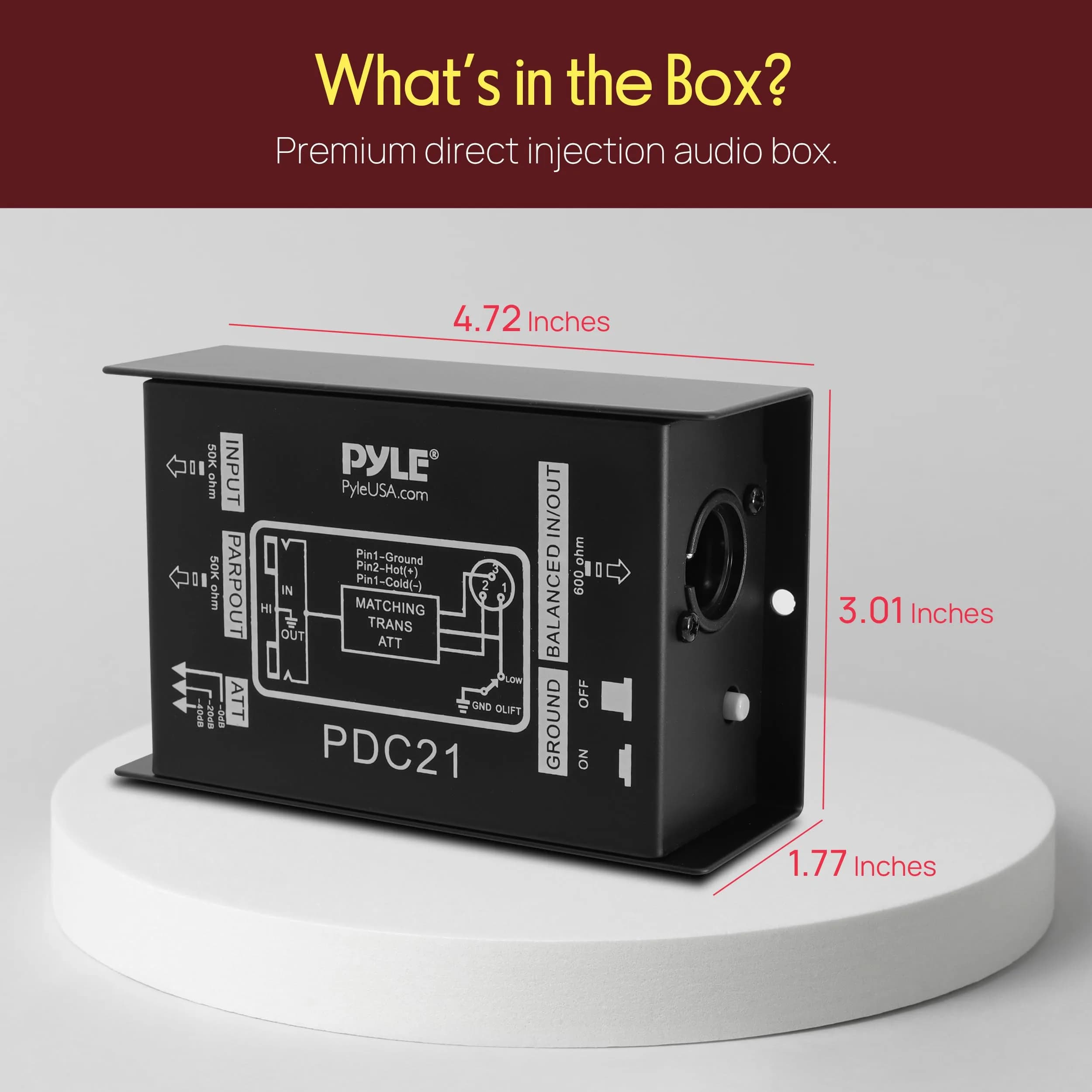 Pyle Premium Direct Injection Audio Box - Passive DI Unit Hum Eliminator with Input Attenuator, 1/4'' Connector to XLR, Black (1-Pack) - view 2