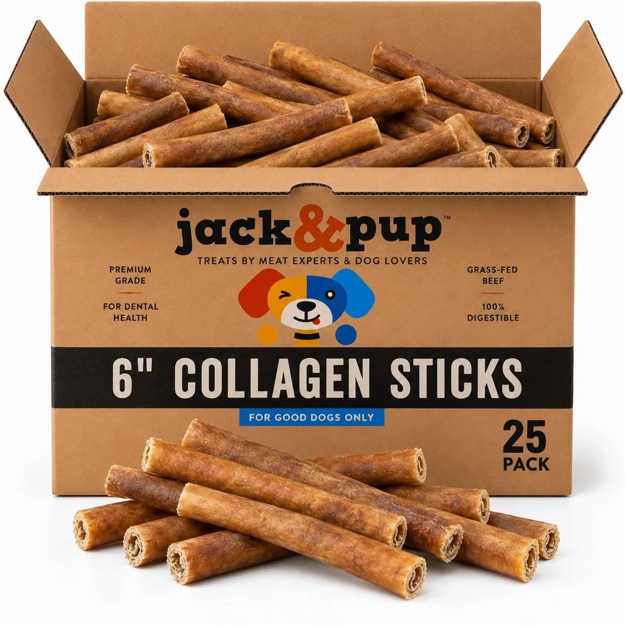 Jack&Pup Collagen Sticks for Dogs 25 Count | Long Lasting Beef Collagen Chews — Stick