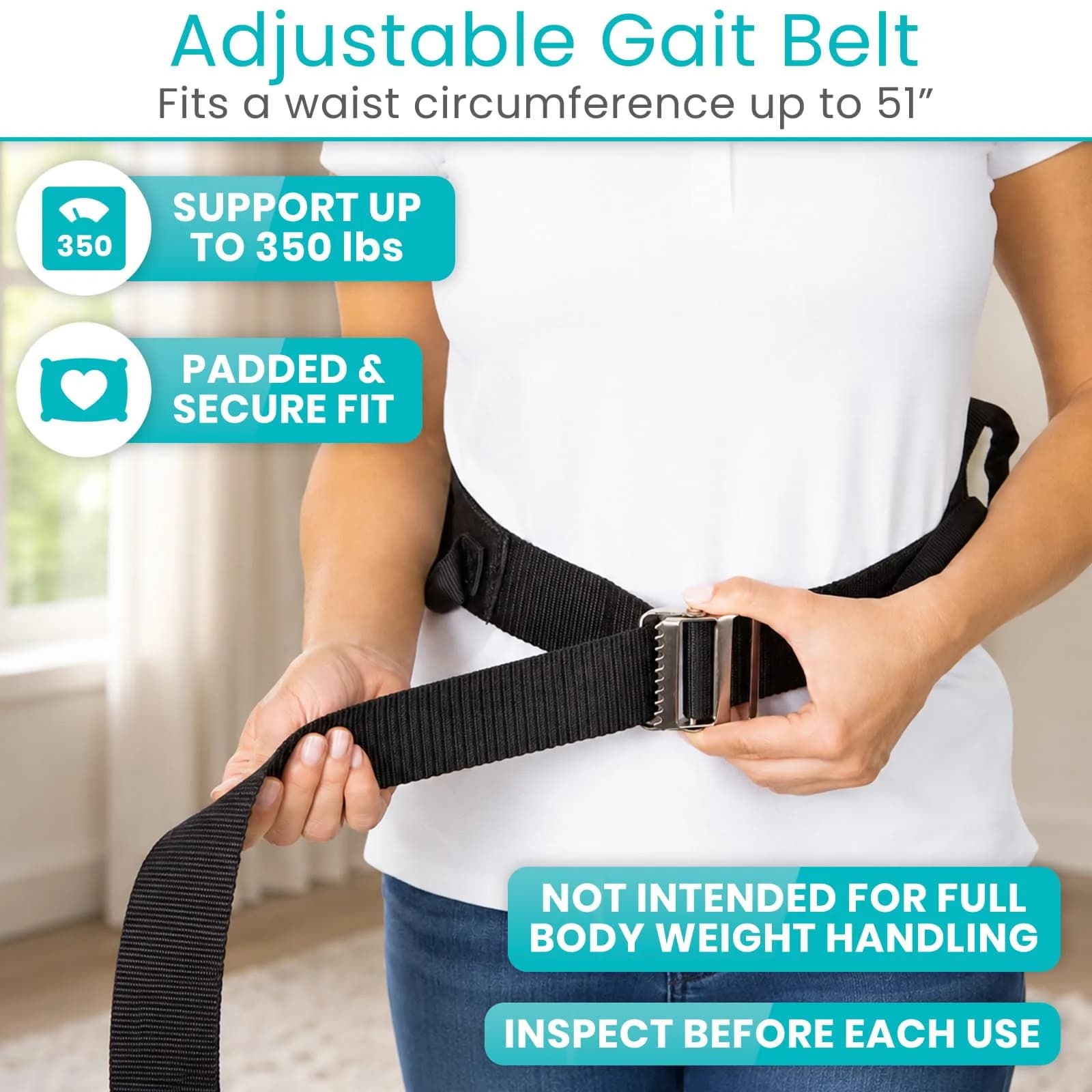 Vive Gait Belt with Handles - Patient Transfer Belt with 7 Padded Handles, 51 Inch Waist (130 cm) - view 6