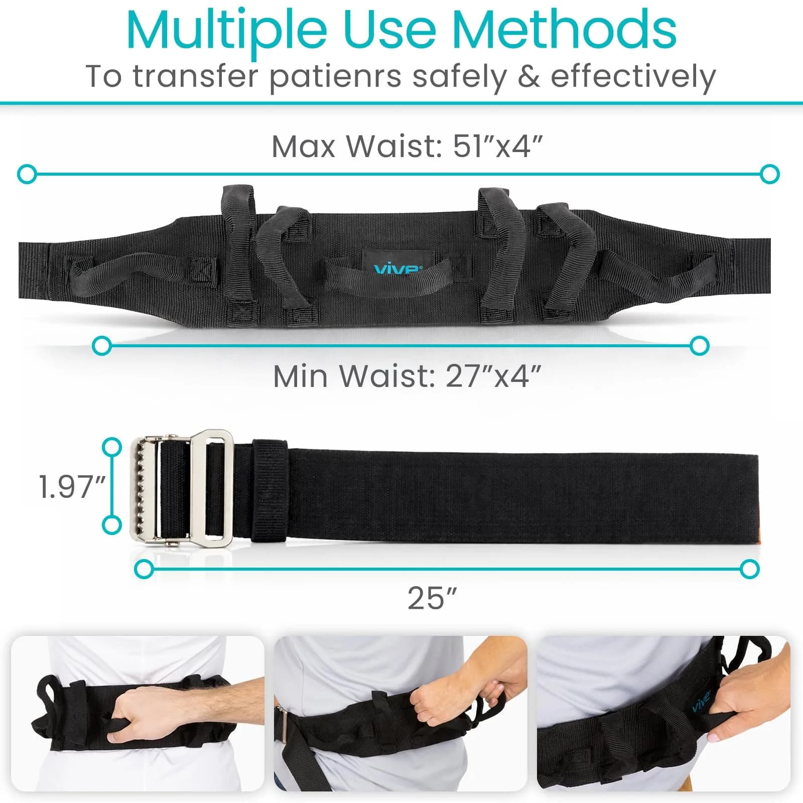 Vive Gait Belt with Handles - Patient Transfer Belt with 7 Padded Handles, 51 Inch Waist (130 cm) - view 7
