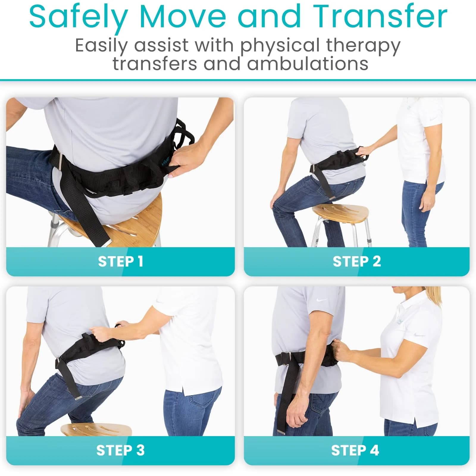 Vive Gait Belt with Handles - Patient Transfer Belt with 7 Padded Handles, 51 Inch Waist (130 cm) - view 8