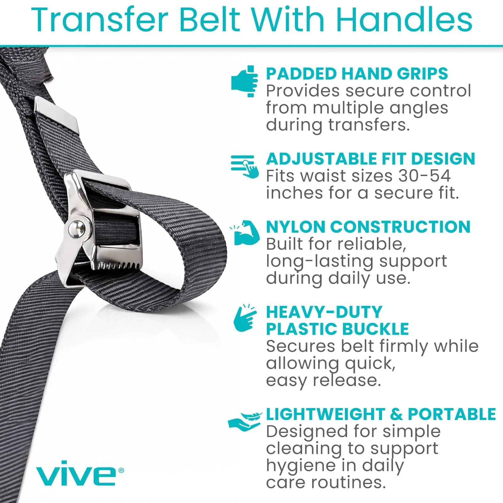 Vive Gait Belt with Handles - Patient Transfer Belt with 7 Padded Handles, 51 Inch Waist (130 cm) - view 2