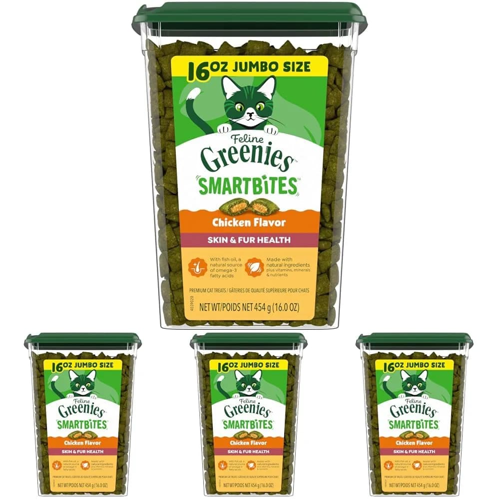 Greenies Feline Smartbites Skin & Fur Health Cat Treats, Chicken Flavor, 16 oz Tub (Pack of 4) - main product image