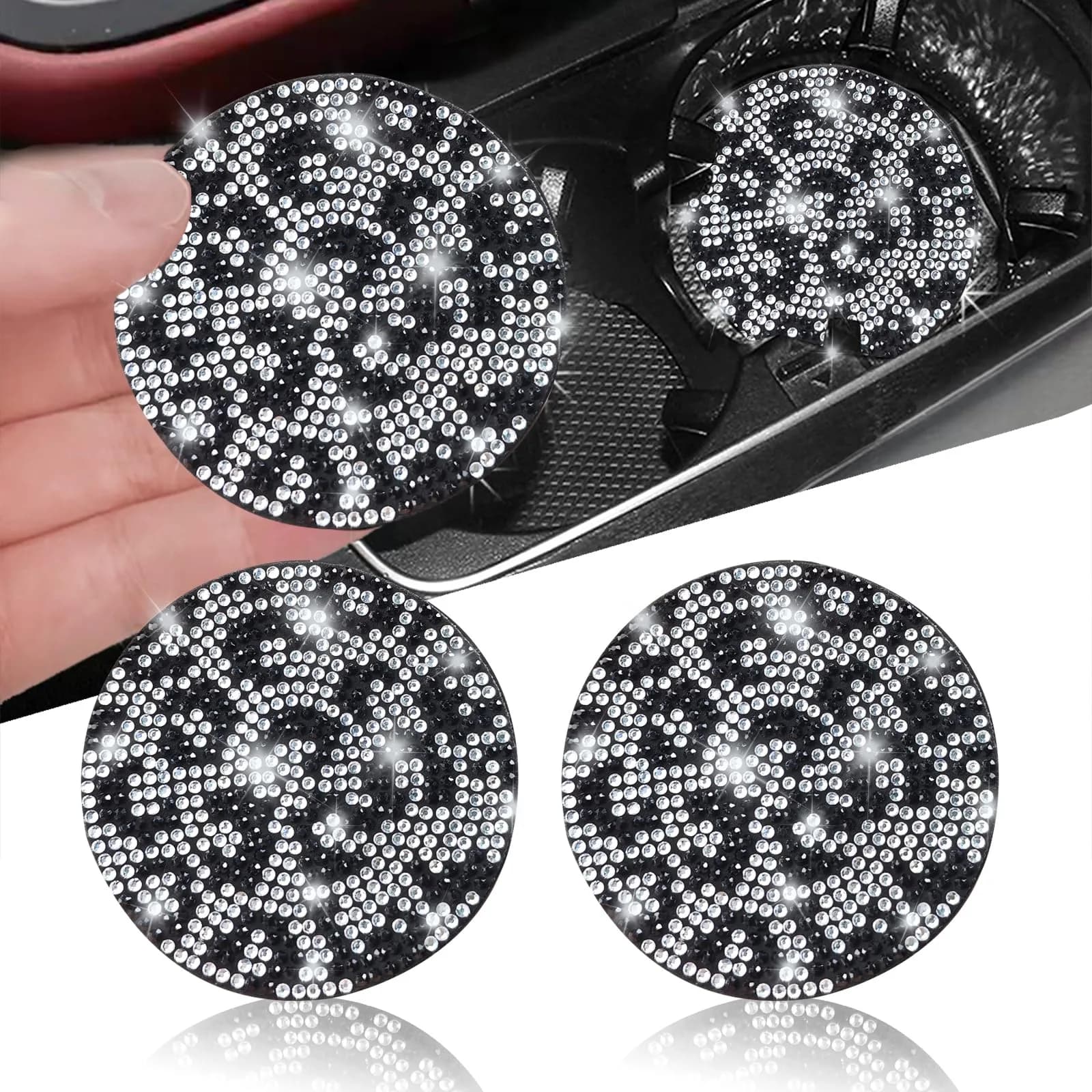 NBTEPEM Bling Car Cup Holder Coasters - 2 pcs, Silver and Black | Sparkle & Protect Your Car Interior - main product image
