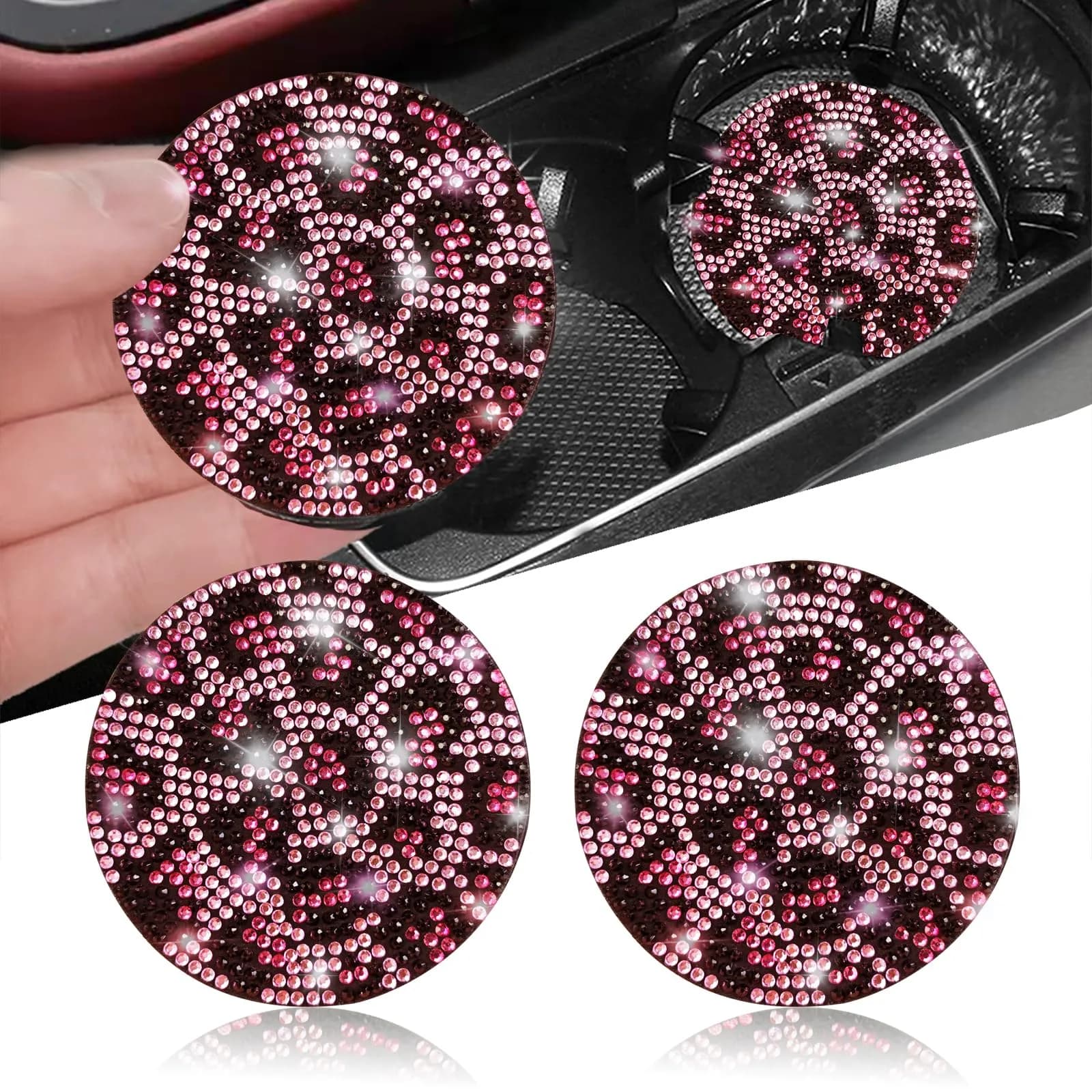NBTEPEM Bling Car Cup Holder Coasters - Pink and Black, 2 pcs | Sparkle & Protect Your Car Interior - main product image