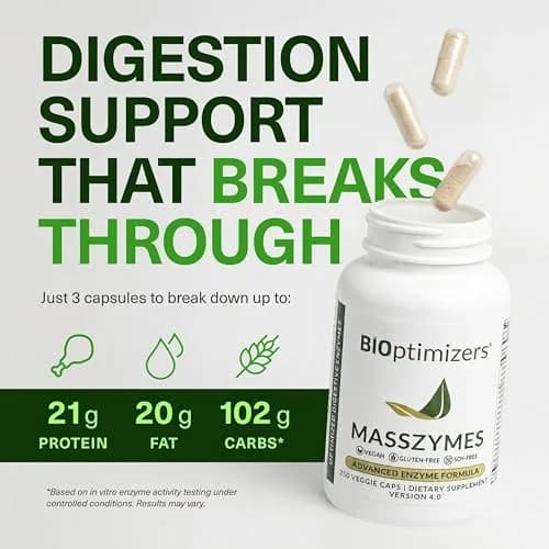 BIOptimizers MassZymes - Complete Digestive Enzymes Supplement for Gut Health - 250 Capsules (Pack of 2) | Bloating Relief & Energy Support thumbnail 4