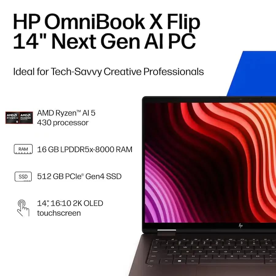 HP OmniBook X Flip 2-in-1 AI Laptop 14" 2K OLED Touchscreen | AMD Ryzen AI 5 430, 16GB LPDDR5X, 512GB SSD, Wi-Fi 7, Win11 thumbnail 2