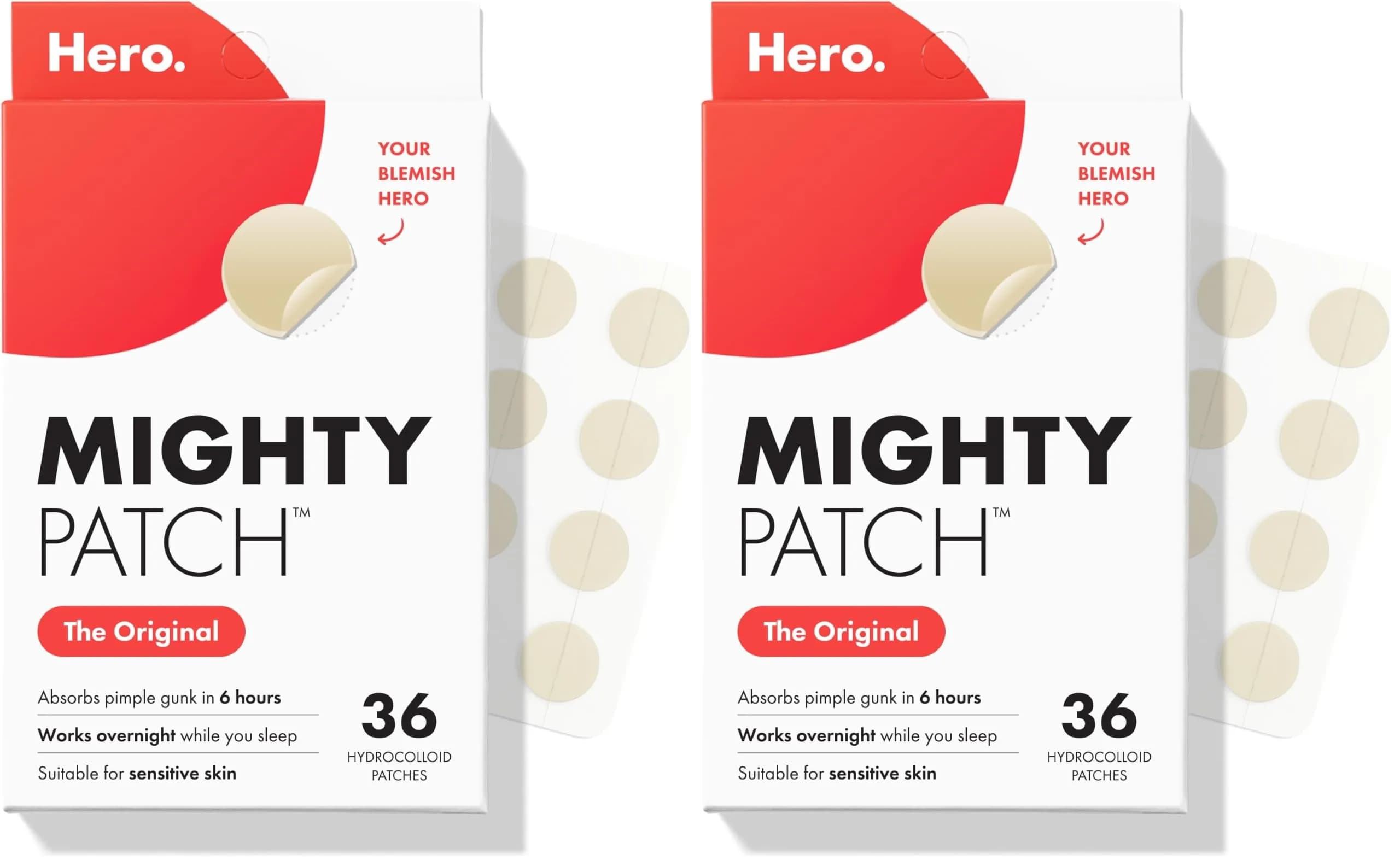 Mighty Patch Original Acne Pimple Patches, 36 Count | Shrinks Zits Overnight — Pack of 2