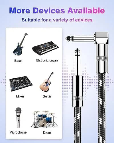 New Bee Guitar Cable 10ft Right Angle to Straight, Black White | Low Noise High Fidelity thumbnail 2