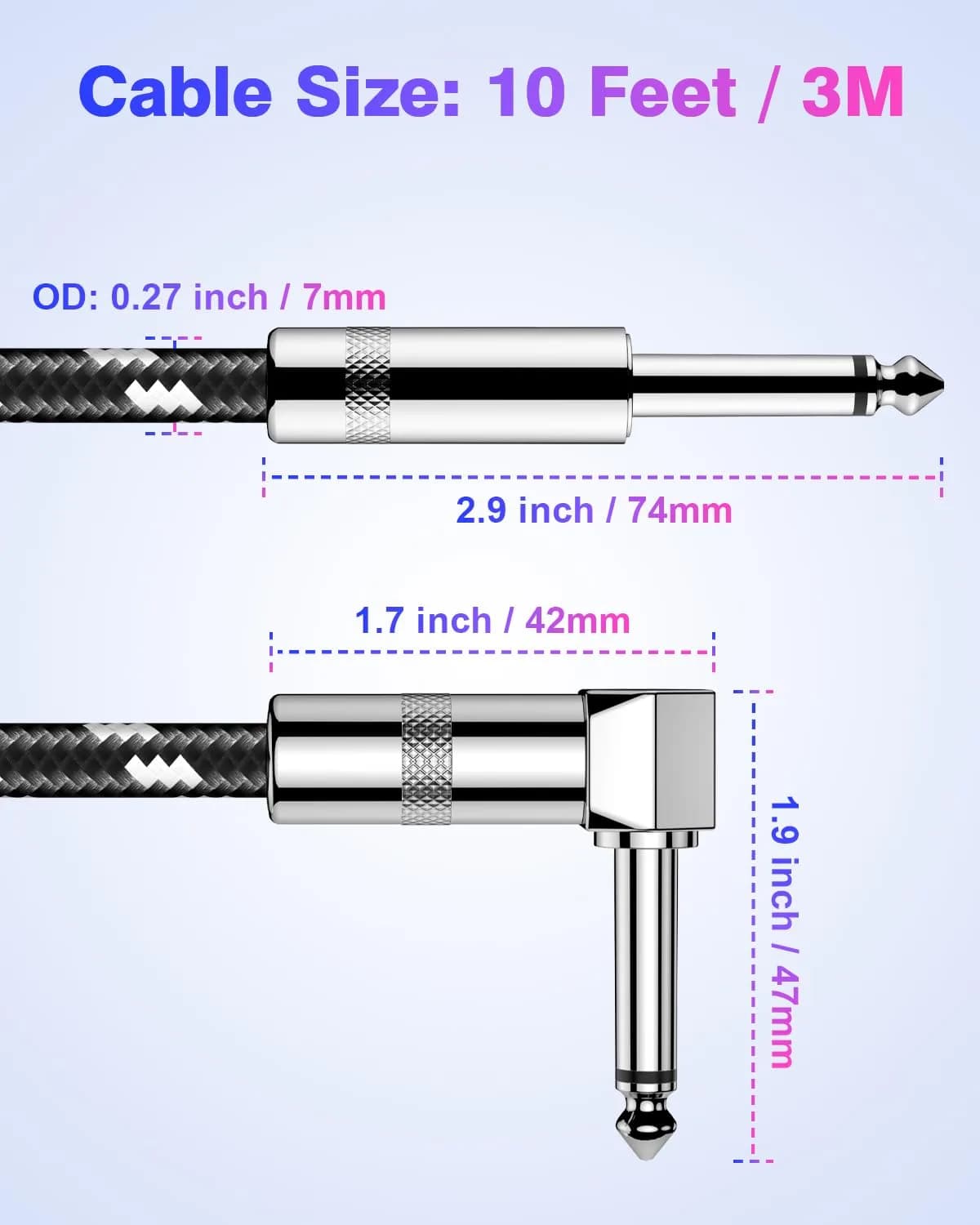 New Bee Guitar Cable 10ft Right Angle to Straight, Black White | Low Noise High Fidelity - view 3