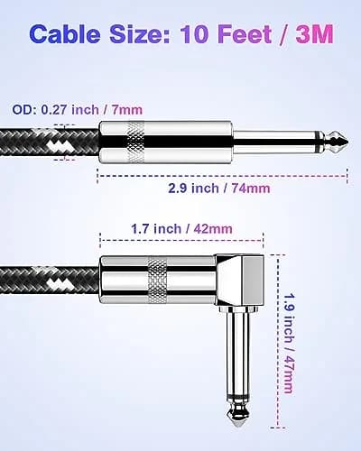 New Bee Guitar Cable 10ft Right Angle to Straight, Black White | Low Noise High Fidelity thumbnail 3