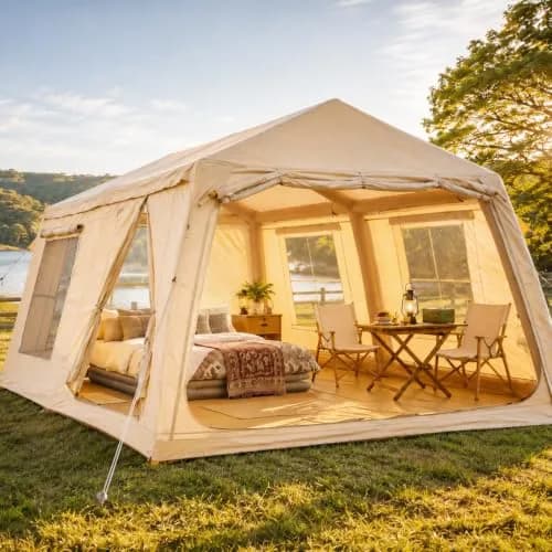FICISOG Inflatable Camping Tent 6 Person Waterproof | Easy Setup with Stove Jack — 8 People (13x9ft)|Khaki