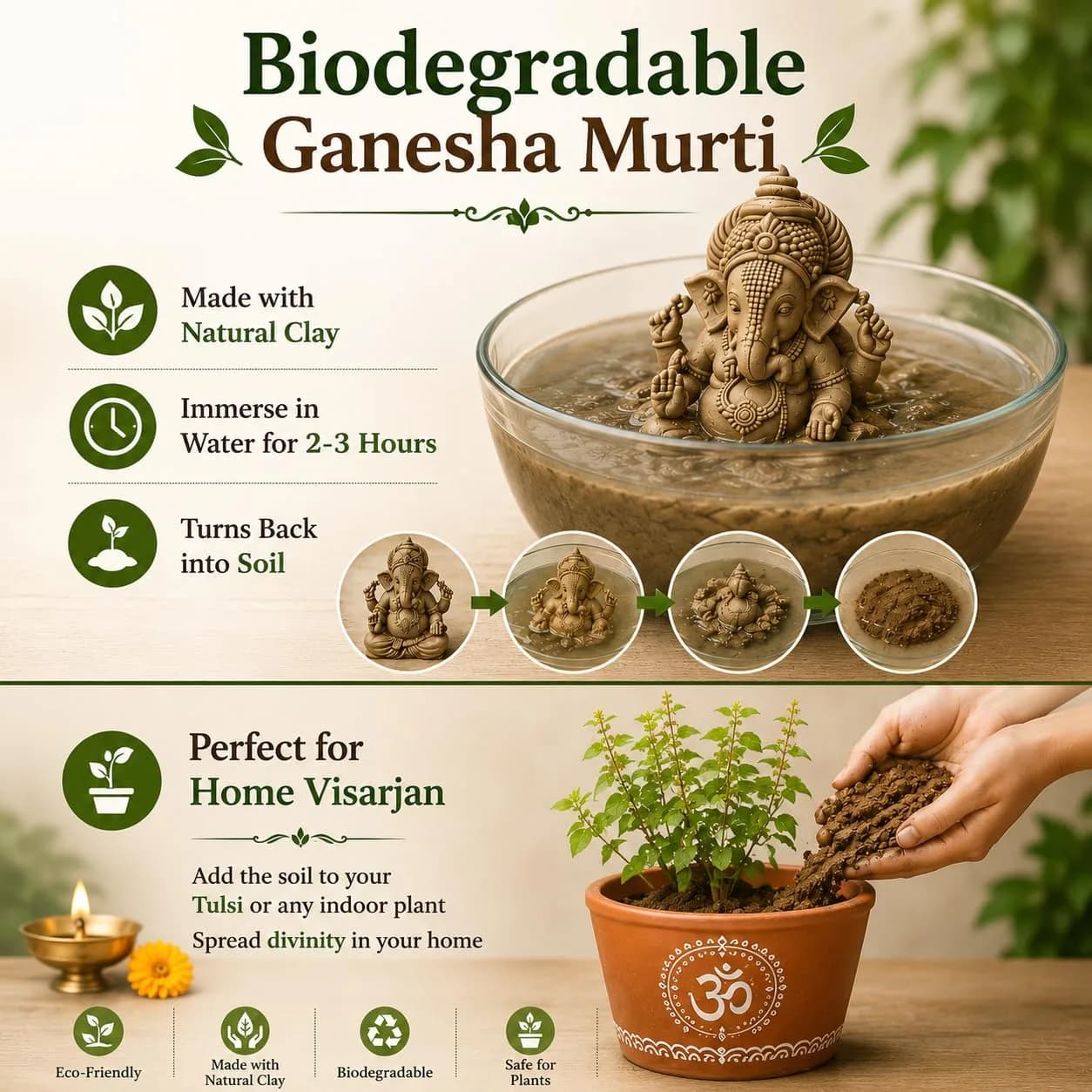 KSI Handmade Ekdant Dagdusheth Ganesh Mukut Idol | Natural Clay Ganesha Murti for Home Temple, Office & Pooja | Eco-Friendly Terracotta Statue | Ganesh Chaturthi Decoration & Gift | 14.5 cm thumbnail 5