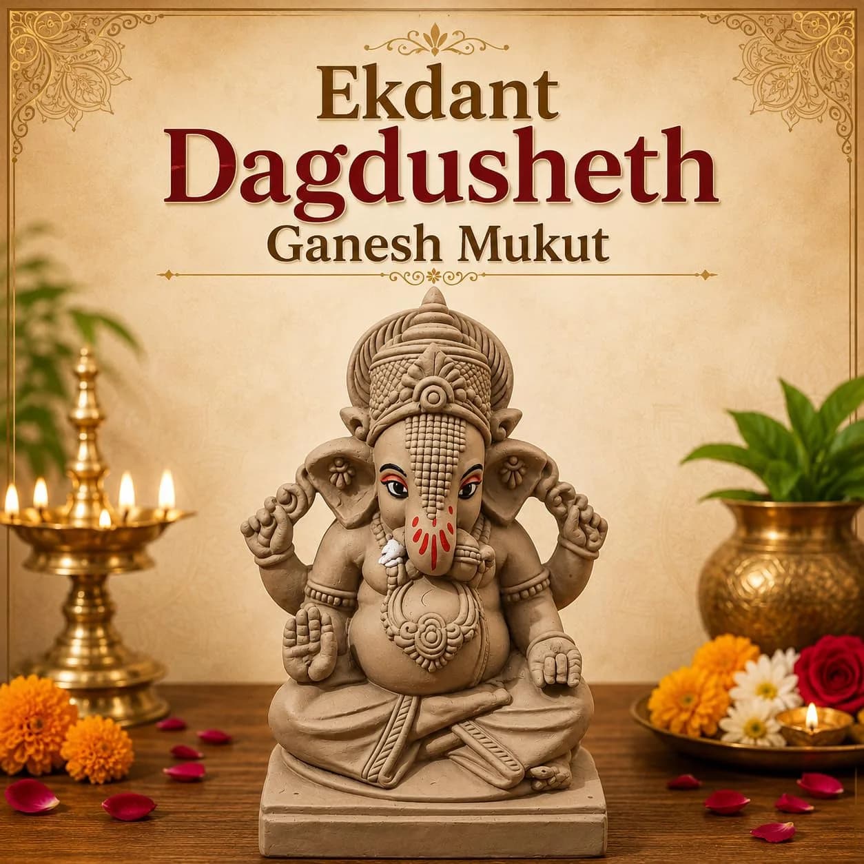KSI Handmade Ekdant Dagdusheth Ganesh Mukut Idol | Natural Clay Ganesha Murti for Home Temple, Office & Pooja | Eco-Friendly Terracotta Statue | Ganesh Chaturthi Decoration & Gift | 14.5 cm thumbnail 3