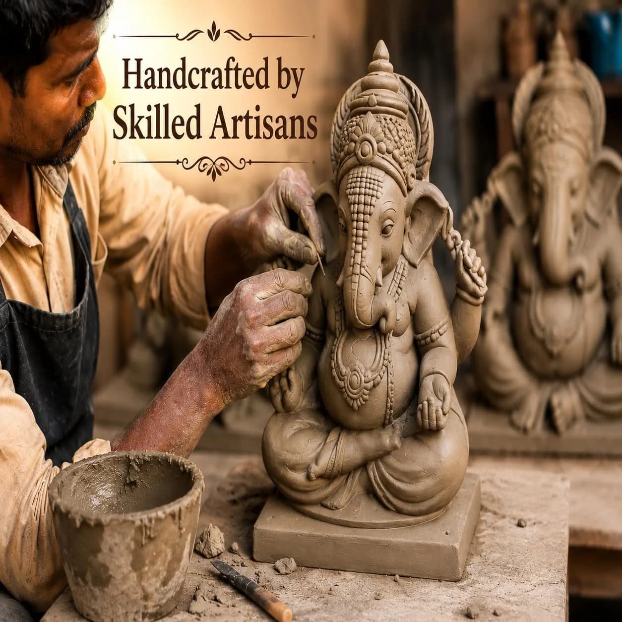 KSI Handmade Ekdant Dagdusheth Ganesh Mukut Idol | Natural Clay Ganesha Murti for Home Temple, Office & Pooja | Eco-Friendly Terracotta Statue | Ganesh Chaturthi Decoration & Gift | 14.5 cm thumbnail 4