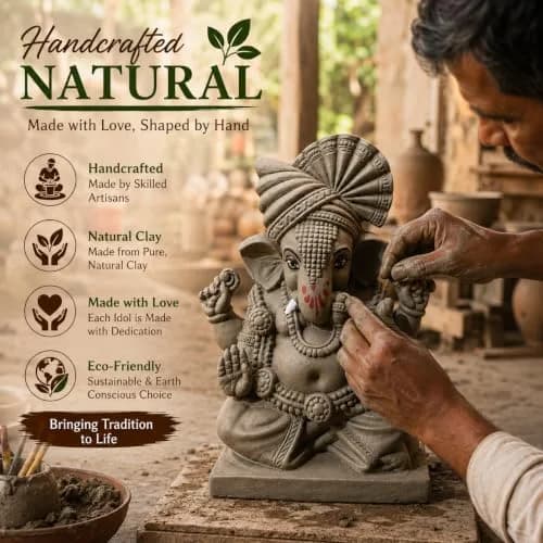 KSI Handmade Clay Ganesh Idol 13.2 cm (5.2 Inch) | Eco-Friendly Mitti Ganpati Murti for Home Decoration thumbnail 6