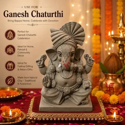 KSI Handmade Clay Ganesh Idol 13.2 cm (5.2 Inch) | Eco-Friendly Mitti Ganpati Murti for Home Decoration thumbnail 3