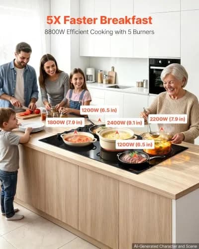 VEVOR 36-inch 5-Burner Electric Cooktop 8800W 220V | Built-in Ceramic Radiant Stove with 11 Heat Levels & Timer thumbnail 2