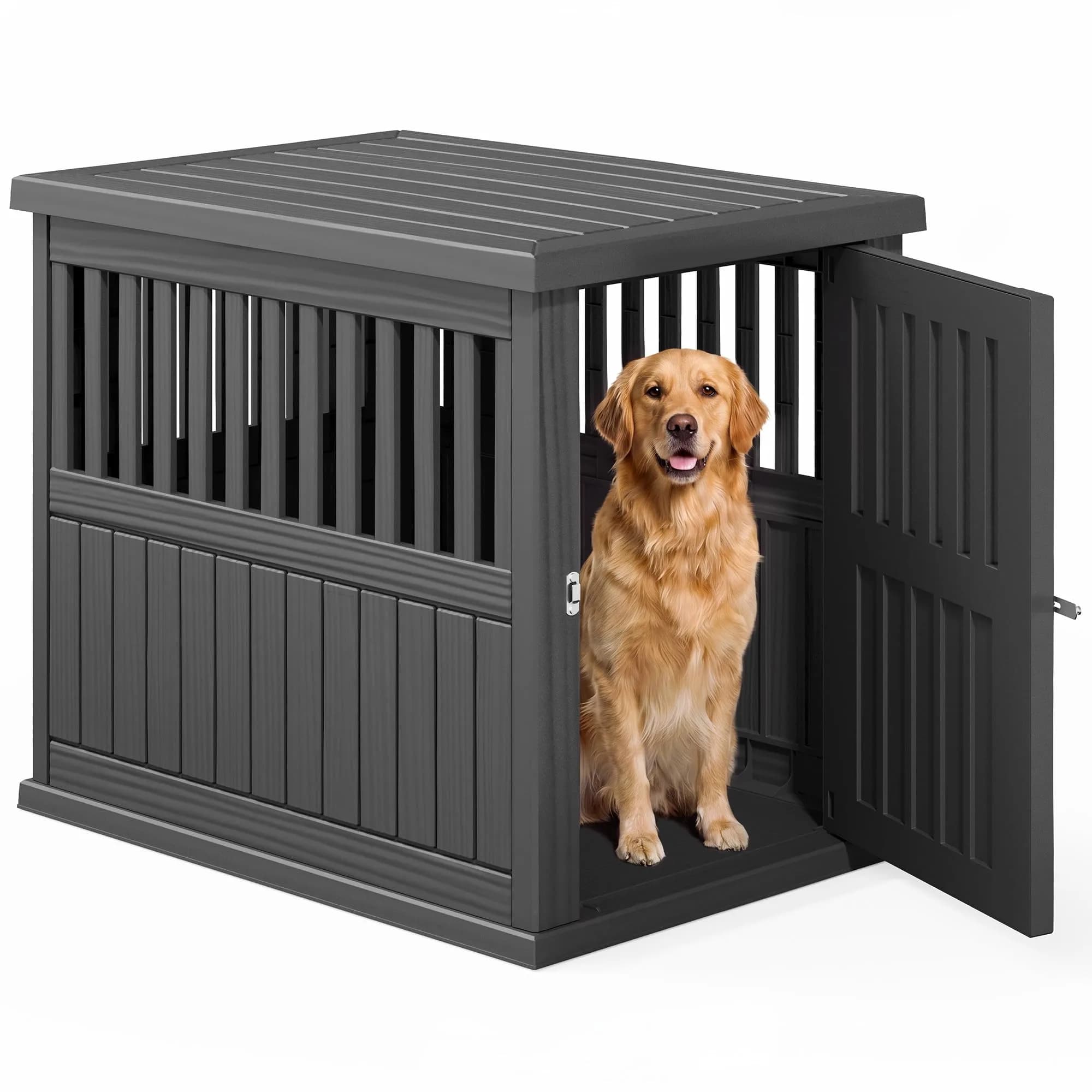 Fancyango Heavy Duty Dog Crate Furniture Lockable Indoor Outdoor Kennel & End Table for Small/Large Dogs Decorative Plastic Pet Crate (Black, 39.4" L x 28.4" W x 32.6" H)