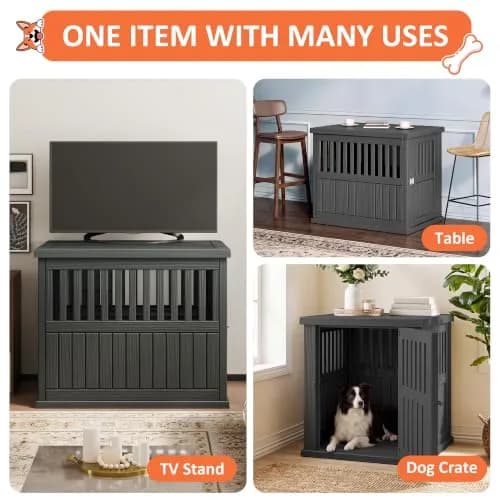 Fancyango Heavy Duty Dog Crate Furniture Lockable Indoor Outdoor Kennel & End Table for Small/Large Dogs Decorative Plastic Pet Crate (Black, 39.4" L x 28.4" W x 32.6" H) thumbnail 4