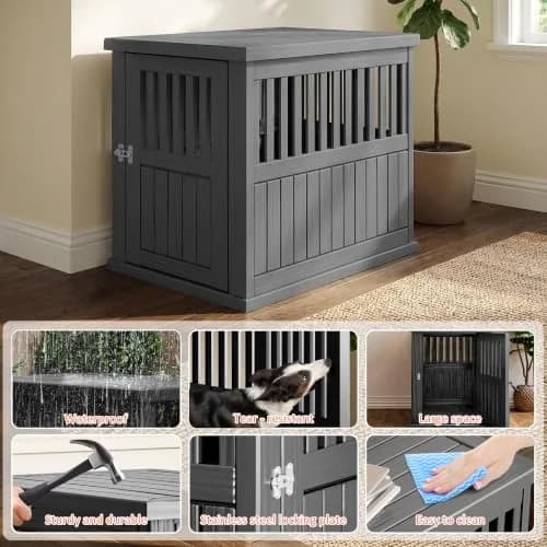 Fancyango Heavy Duty Dog Crate Furniture Lockable Indoor Outdoor Kennel & End Table for Small/Large Dogs Decorative Plastic Pet Crate (Black, 39.4" L x 28.4" W x 32.6" H) thumbnail 7