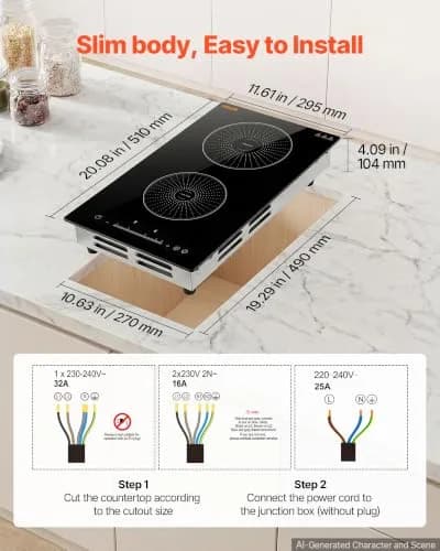 VEVOR 12In 2 Burner Induction Cooktop | 9 Power Levels, Built-in & Countertop, 220V, Easy-Clean Ceramic Glass thumbnail 5