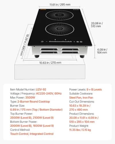 VEVOR 12In 2 Burner Induction Cooktop | 9 Power Levels, Built-in & Countertop, 220V, Easy-Clean Ceramic Glass thumbnail 7