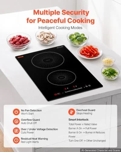 VEVOR 12In 2 Burner Induction Cooktop | 9 Power Levels, Built-in & Countertop, 220V, Easy-Clean Ceramic Glass thumbnail 8