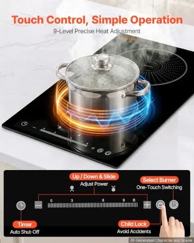 VEVOR 12In 2 Burner Induction Cooktop | 9 Power Levels, Built-in & Countertop, 220V, Easy-Clean Ceramic Glass thumbnail 3