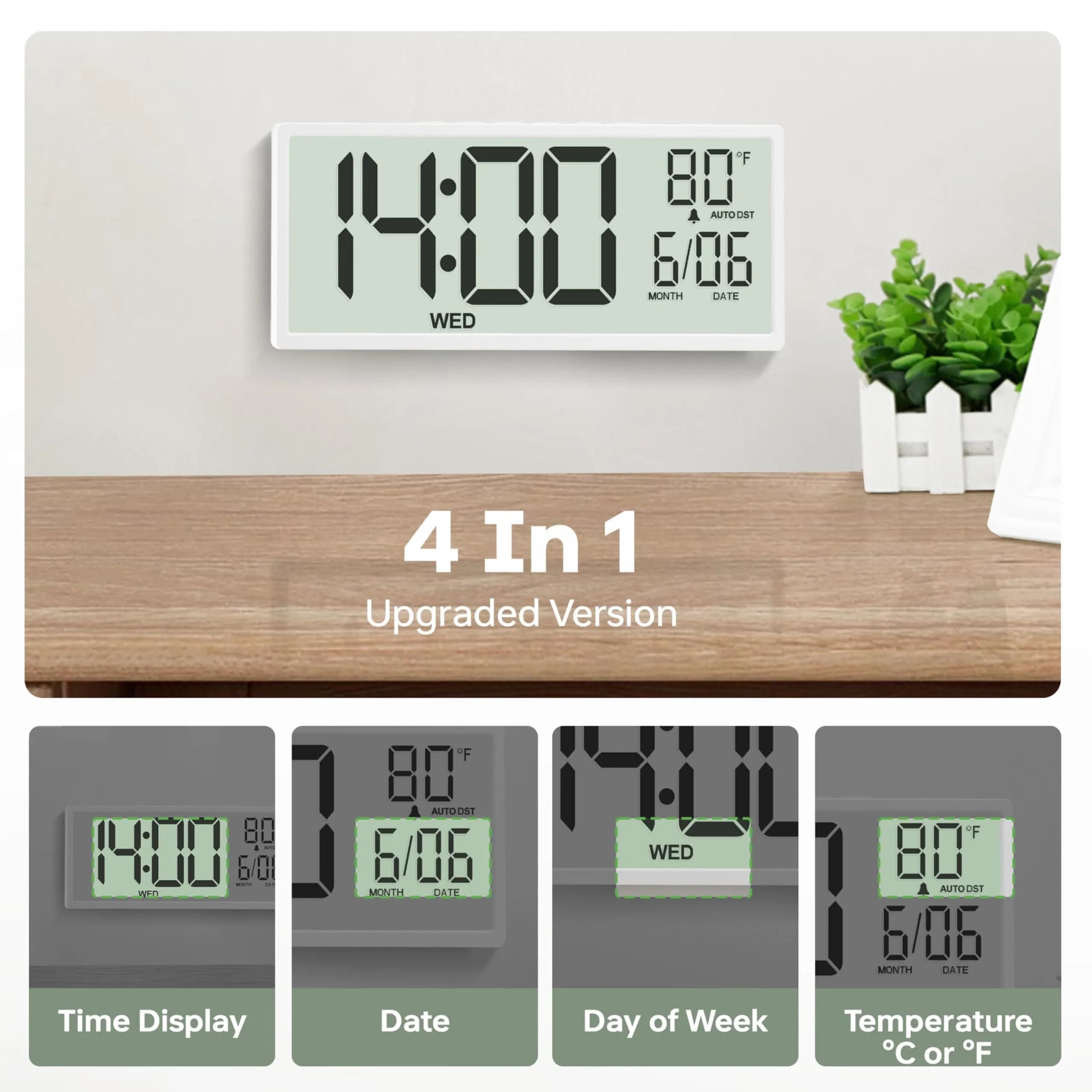 JALL Large Digital Wall Clock 36.8 cm (14.5 inches) | Jumbo Display, Date, Day, Temperature, Auto DST - view 4