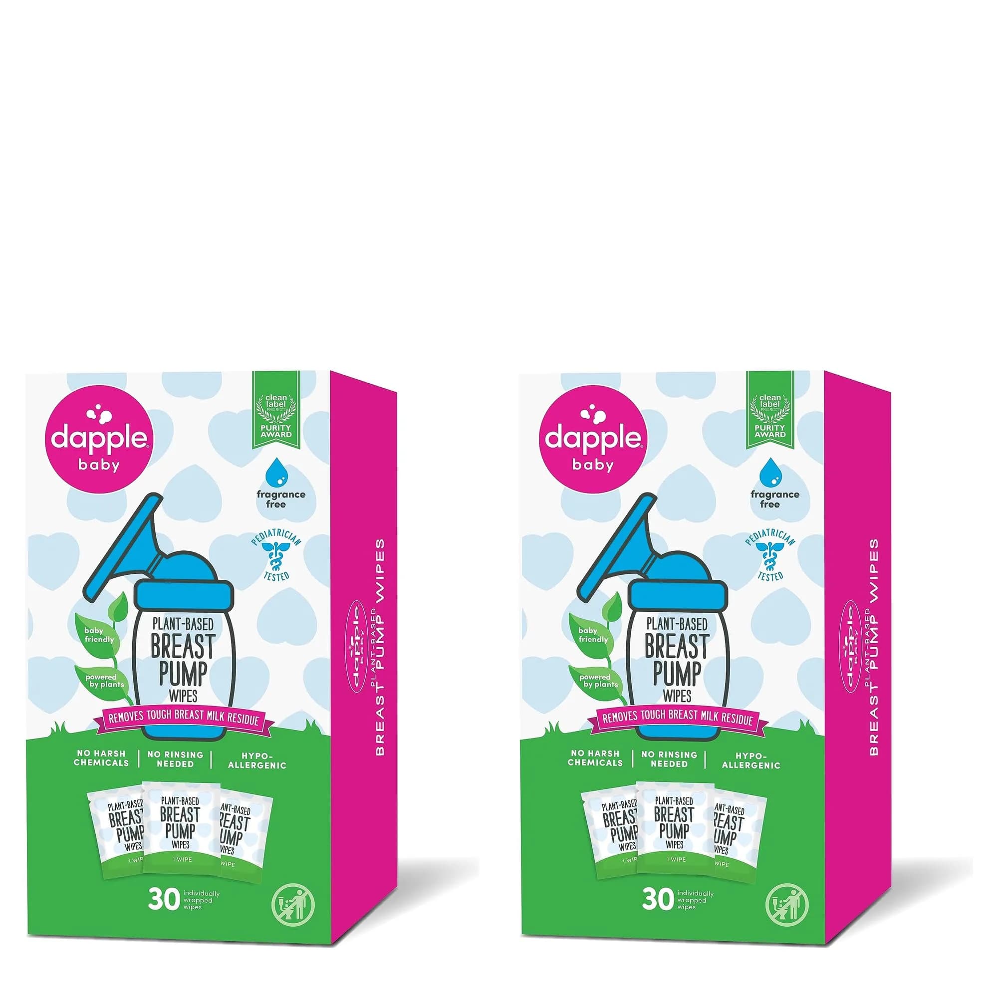 Dapple Baby Breast Pump Wipes Singles 60 Count (2x30) | Hypoallergenic & Plant-Powered for On-the-Go Cleaning - main product image