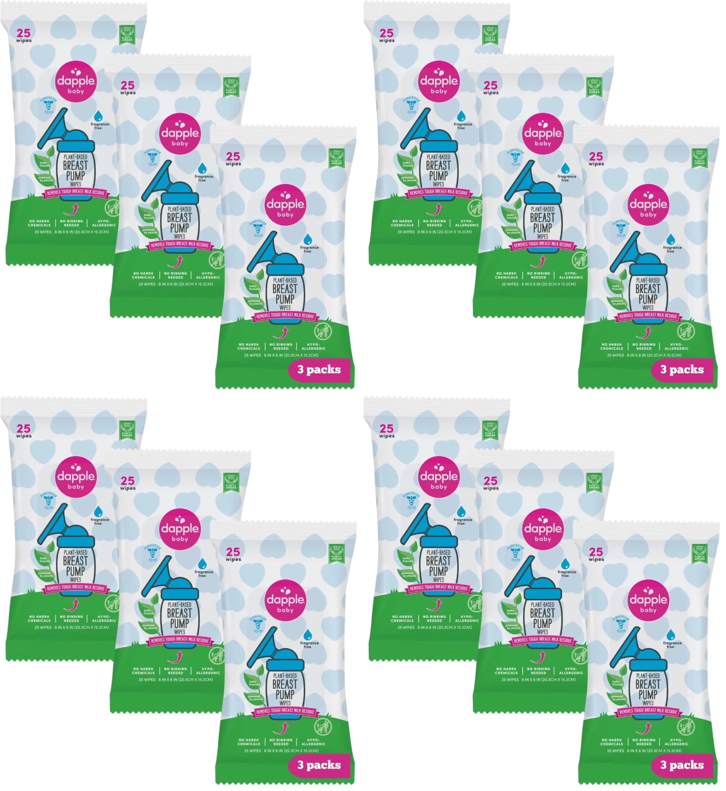 Dapple Baby Breast Pump Wipes - 300 Count (12 Packs of 25) | Plant-Powered & Hypoallergenic for Milk Residue Removal - main product image