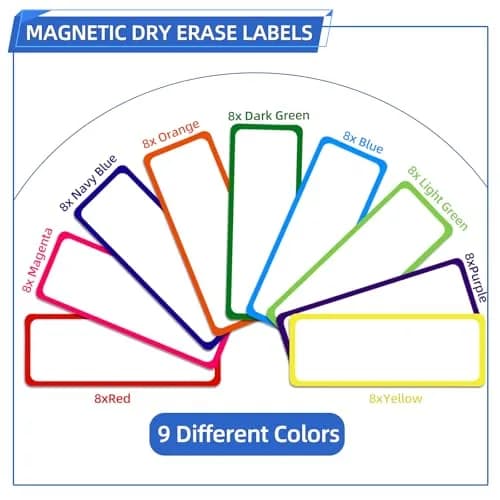Utron Magnetic Dry Erase Labels 3.2"x1.2" (72PCS, 9 Colors) | Reusable Name Plates for Whiteboards & Lockers thumbnail 3