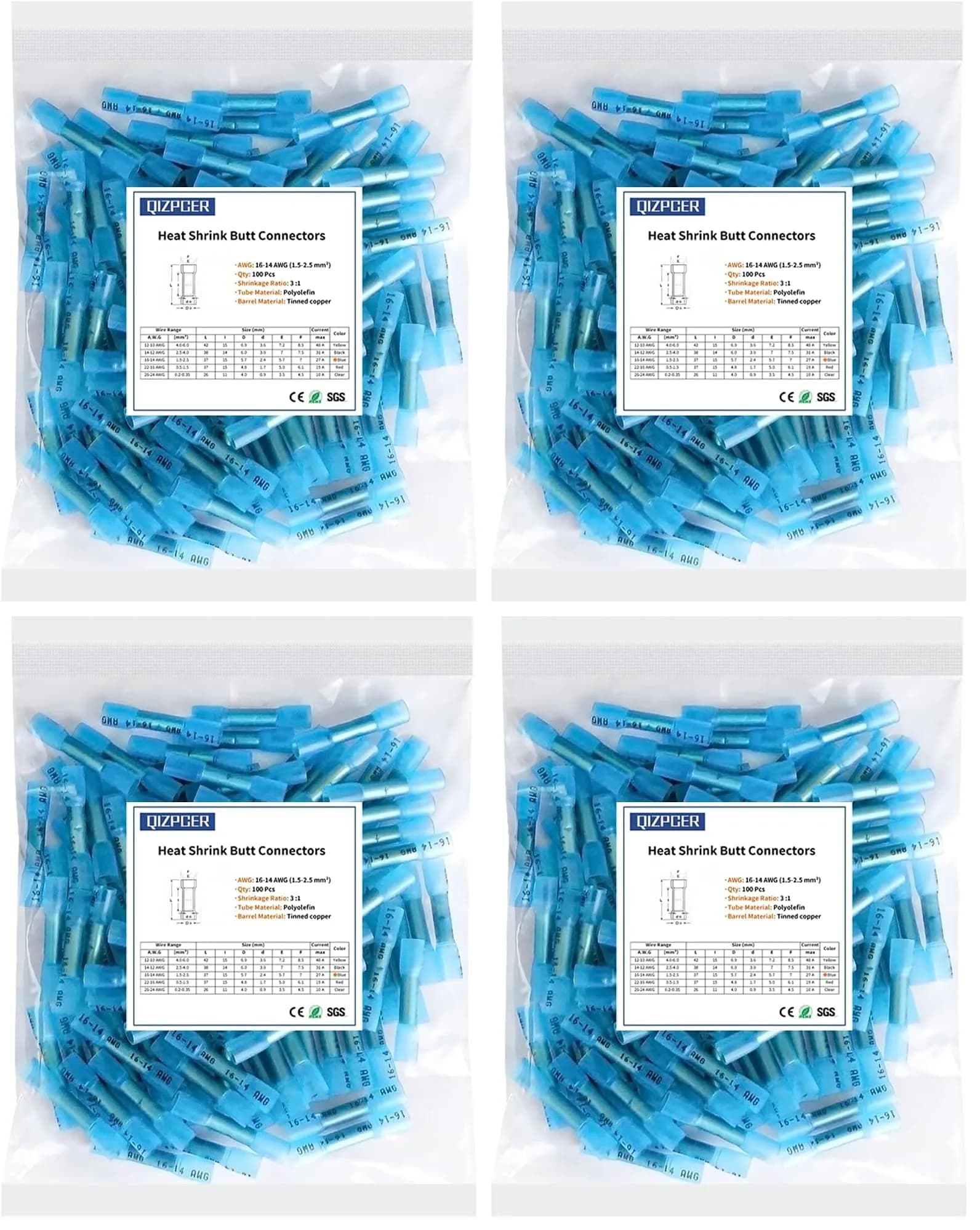 Qizpcer Blue Heat Shrink Butt Connectors 16-14 AWG (400 Pcs) | Waterproof Marine Grade Wire Splice
