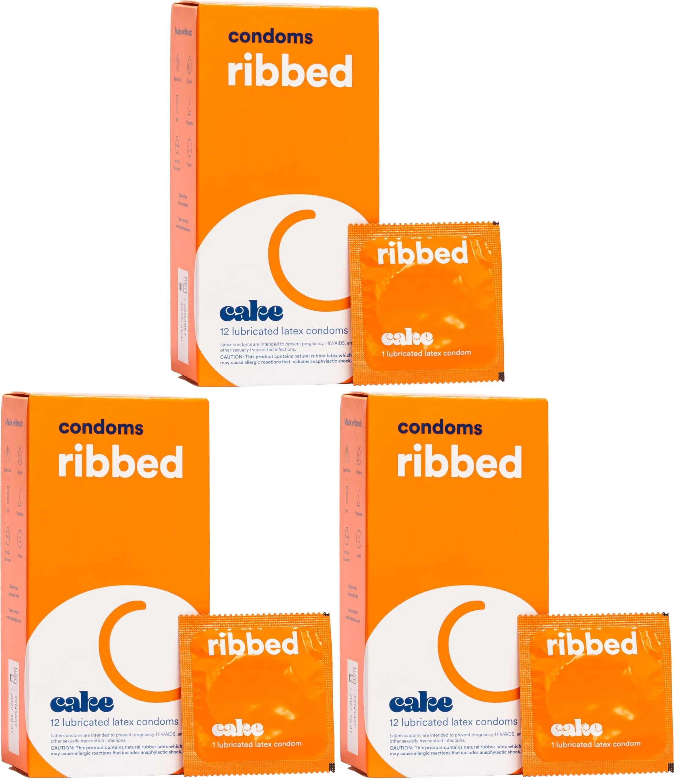 Cake Ribbed Condoms 12 Count Pack | Silicone Lubricated, Stimulating Ribbed Texture, BPA Free, Fragrance-Free, Glycerin Free - main product image