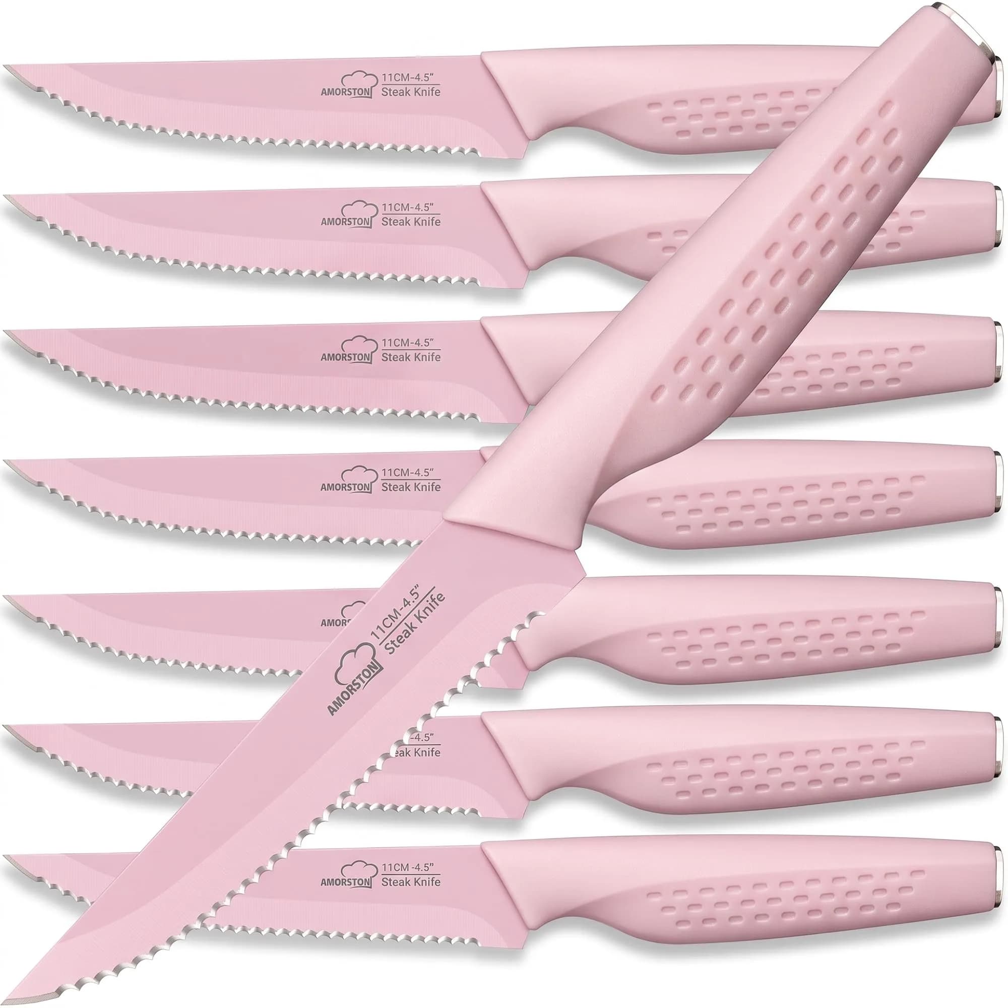 Amorston Steak Knives Set of 8 Pink Serrated Stainless Steel Knives | 8-Inch Blade, Dishwasher Safe — Pink