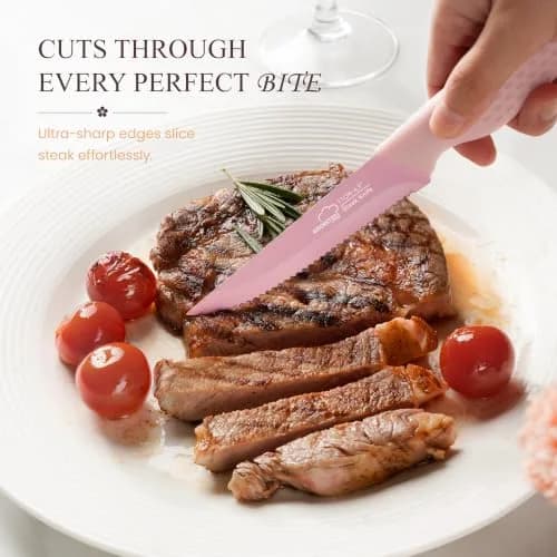 Amorston Steak Knives Set of 8 Pink Serrated Stainless Steel Knives | 8-Inch Blade, Dishwasher Safe thumbnail 2
