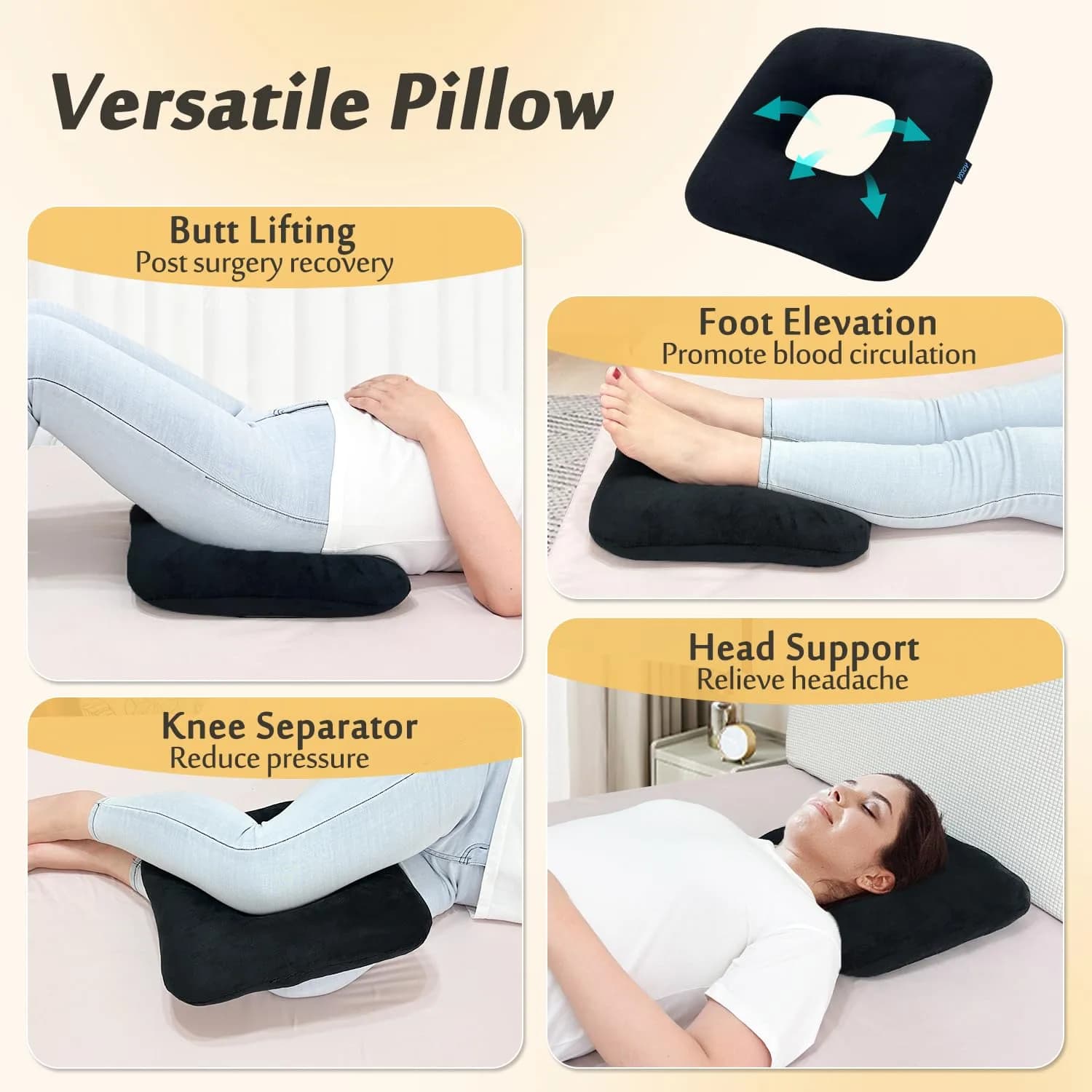 AOSSA Bed Sore Cushion for Butt Positioning Pillow, Pressure Ulcer Relief, 3-inch Thick Orthopedic Seat Wedge | 38cm x 36cm (15" x 14") - view 5