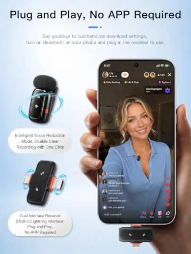 Amazpro Wireless Microphone for iPhone Android | Plug & Play, 30m Range, 30H Battery thumbnail 6