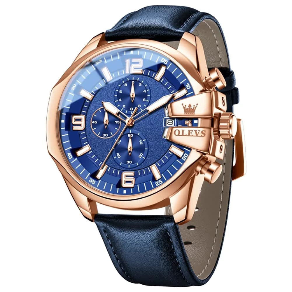 OLEVS Men's 47mm Quartz Chronograph Watch, Blue Dial, Blue Leather Strap | Oversized 47mm Dial, Water-Resistant, Classic Style — Brown Blue