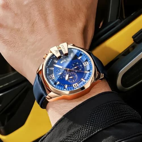 OLEVS Men's 47mm Quartz Chronograph Watch, Blue Dial, Blue Leather Strap | Oversized 47mm Dial, Water-Resistant, Classic Style thumbnail 4